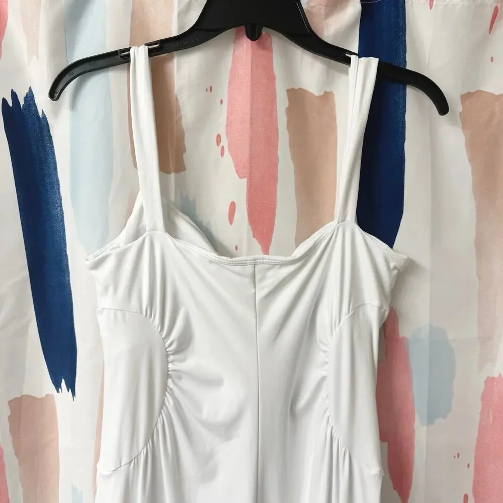Halara Square Neck Ruched Split Midi Cool Touch Dress in White Size Large - Picture 13 of 16